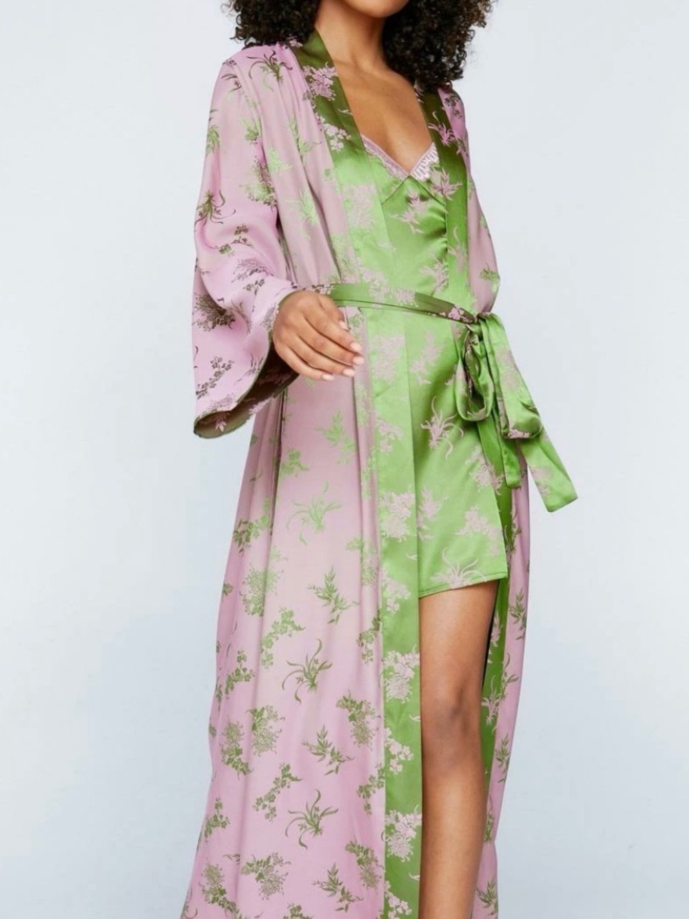 Nasty Gal Satin Floral Robe & Slip Set in Pink and Green